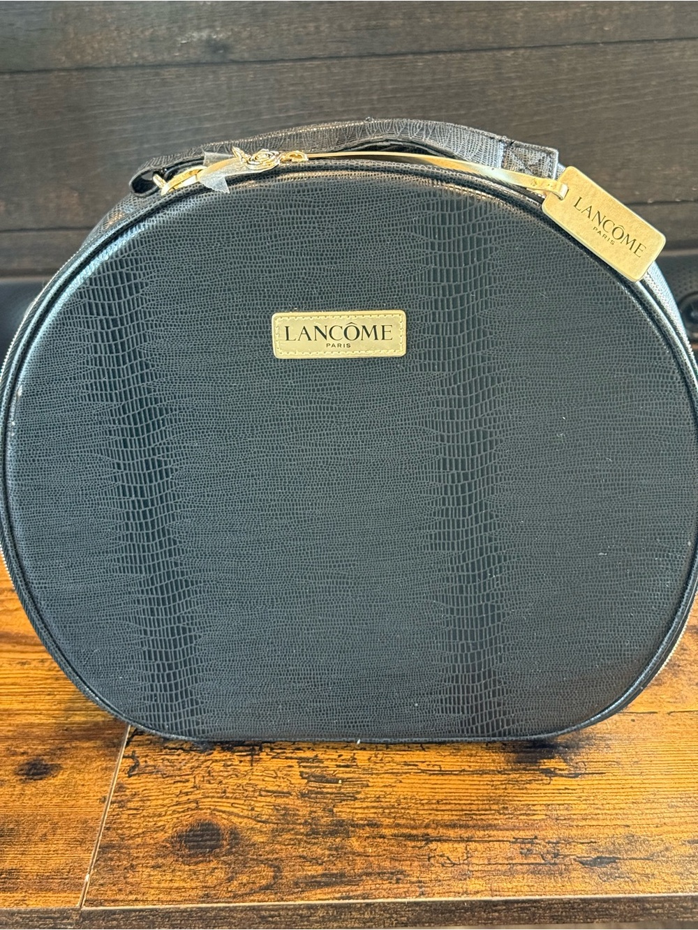 Lancôme Charcoal Textured Round Cosmetic Case with Gold Plaque